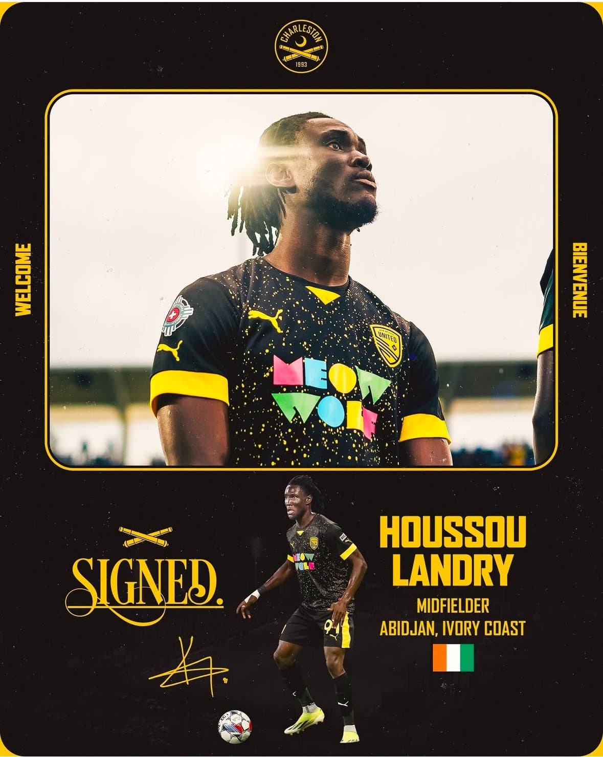 Houssou Landry signing announcement graphic for Charleston Battery